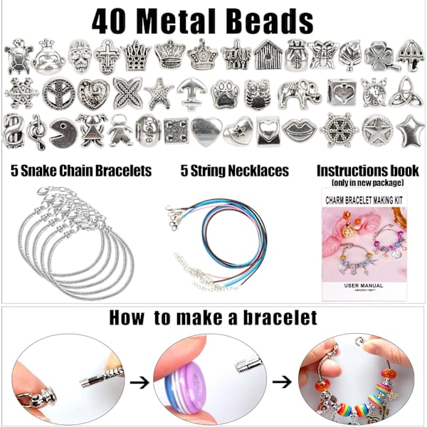130-dels Charm Armband DIY-kit inklusive smyckeskulor, ormkedjor, DIY-hantverk för flickor