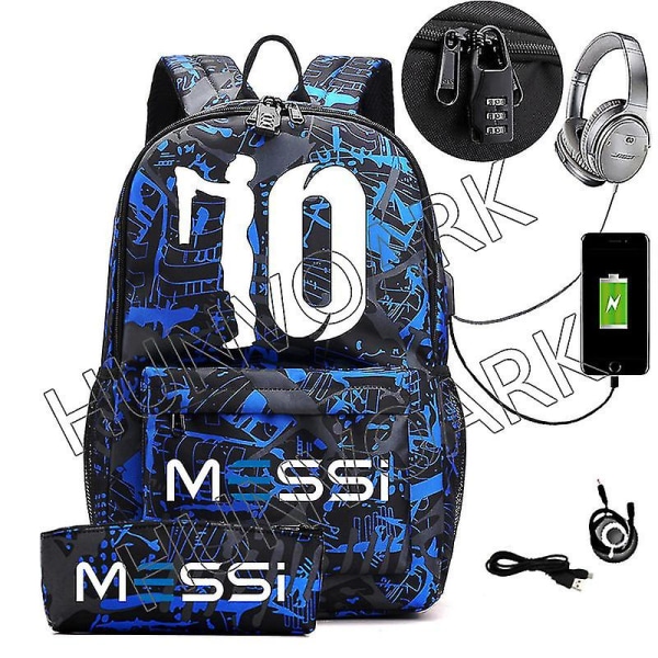 Messi vedenpitävä reppu USB casual matkareppu naisten miesten suurikapasiteettinen matkareppu kannettava reppu koululaukut Light Green