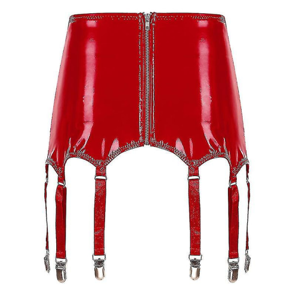Dame Laklæder strømpebånd med metalclips Suspender bælte Clubwear Stage Performance Rave Red M