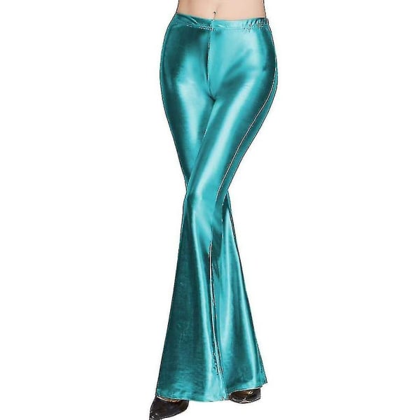 Dam 70-tal Mermaid Shiny Metallic Flare Leg Byxor Hippie Metallic Pants Yogabyxor Teal XL