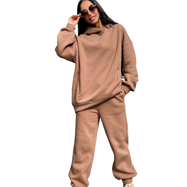 2-delad Hoodie-set med enfärgad tröja och byxor - Tjock träningsdräkt Camel L