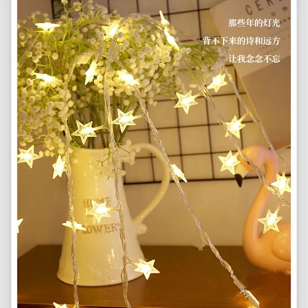 Silikonjulelysrekke for hjemmepynt - Stjerner. Varme farger. Stars. Warm colors. 10 m80lights 3 battery packs