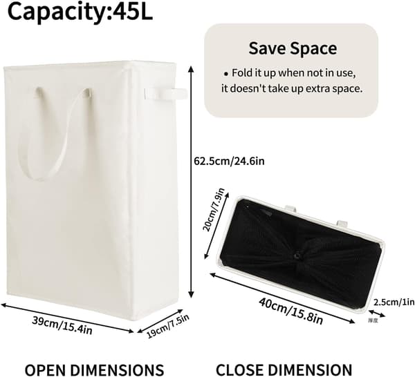 2-pack Slim Laundry Basket, Foldable Laundry Hamper, Thin Dirty Clothes Storage, Narrow Foldable Laundry Bag, Space-Saving Basket Beige
