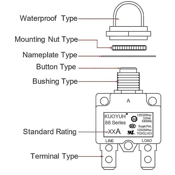 Kuoyuh 88 Serie 5a 10a 15a 20a 25a 30a Automatisk Nulstilling Termisk Overbelastningsbeskyttelse Strømafbryder Strømafbryder Kompatibel med Luftkompressor 16a