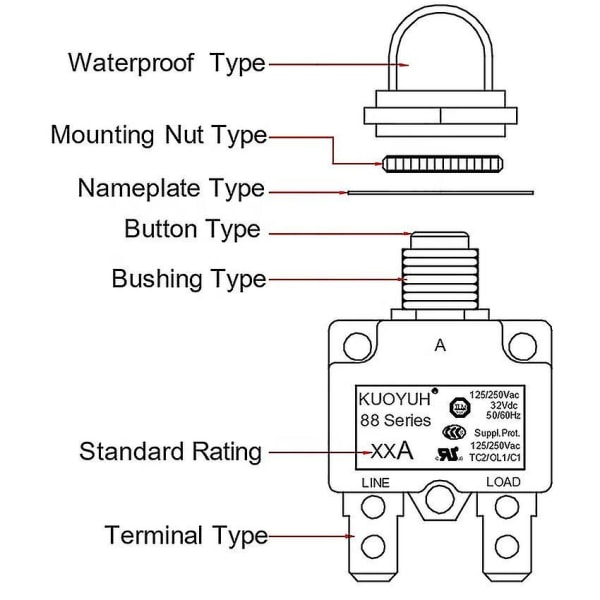 Kuoyuh 88 Series 5a 10a 15a 20a 25a 30a Automatisk återställning Thermal överbelastningsskyddsbrytare Strömbrytare för luftkompressor 16a