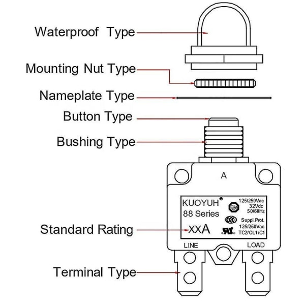 Kuoyuh 88 Series 5a 10a 15a 20a 25a 30a Automatisk tilbakestilling termisk overbelastningsbeskyttelsesbryter effektbryter for luftkompressor 20a