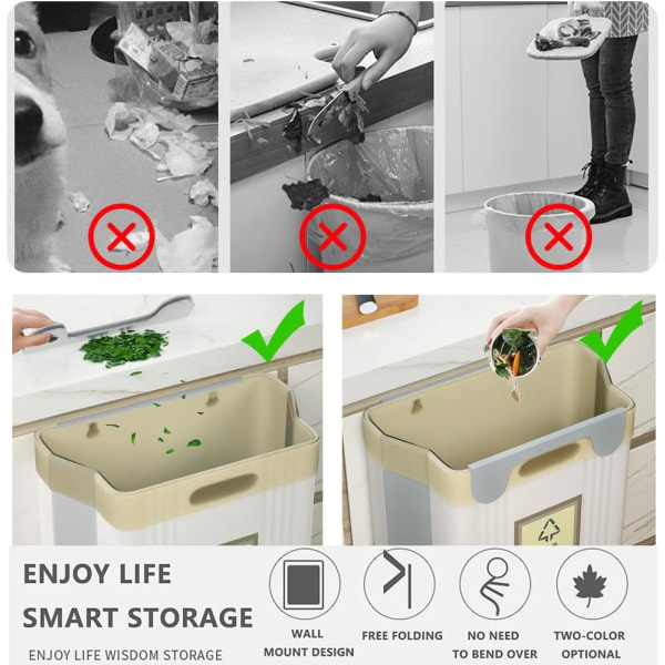 2 pakke hengende kjøkken søppelbøtte, sammenleggbar liten søppelbøtte under vasken søppelbøtte
