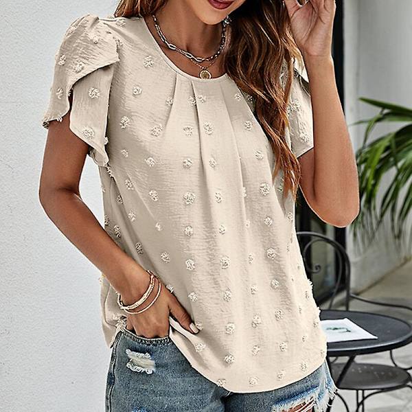 Dame T-skjorte Rund Hals Chiffon Topper Polka Dot Tunika Bluse Casual Blomst-Erme Tee Apricot L