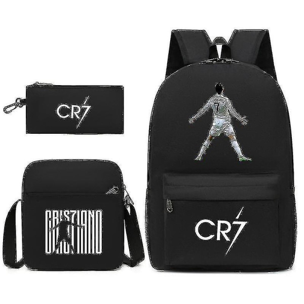 Football Star C Ronaldo Cr7 printed reppu opiskelijan ympärille Kolmiosainen reppu. Black 1 Backpack pencil case