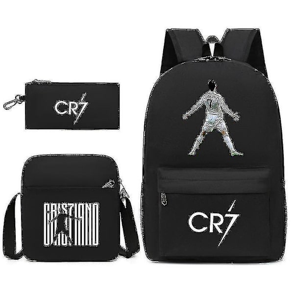 Jalkapalloilija C Ronaldo CR7 -painatus reppu ympäri opiskelijan kolmiosainen reppu. Black 1 Backpack pencil case
