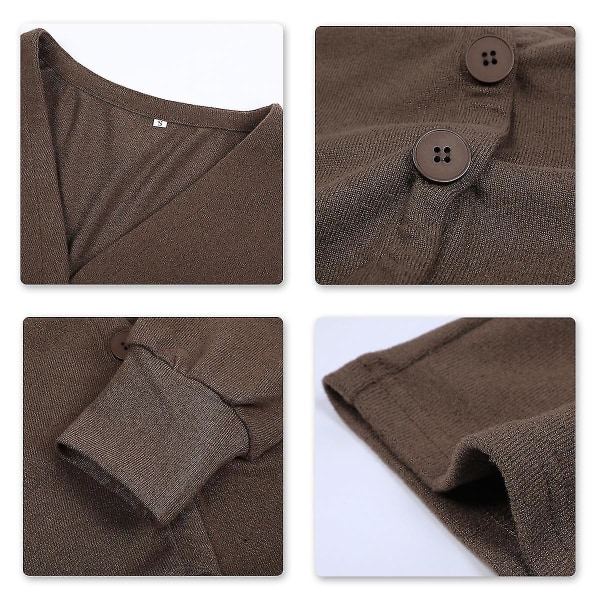 Bomuld Dame V-hals Fashion Design Løs ensfarvet Casual Cardigan 15 farver Brown XL