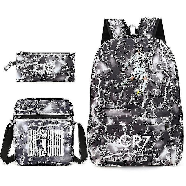 Jalkapallotähti C Ronaldo CR7 -painatus, kolmiosainen reppu opiskelijoille Black thunder lightning 2 Shoulder bag shoulder bag