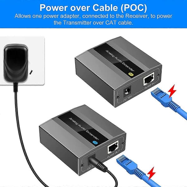 Analog lydforlenger RCA 3,5 mm stereo over Ethernet enkelt Cat5E/6/7-kabel opptil 500M lydkonverterer EU-plugg Black