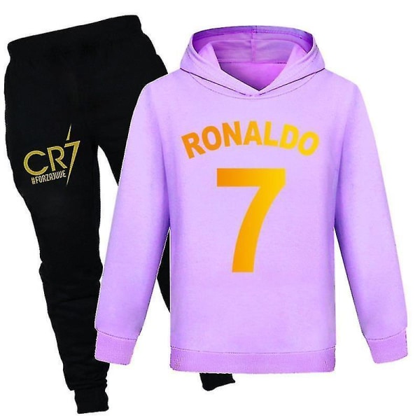 Barn Gutter Ronaldo 7 Print Uformelt hettegenser Joggedresssett Hoody Toppbuksedress 2-14 år Purple 160CM 13-14Y