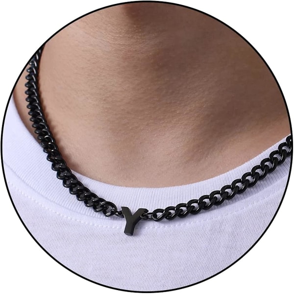 Indledende A-z cubanske kædekæde halskæde til drenge mænd kvinder brevvedhæng rustfrit stål 6,5 mm 18+2 tommer smykkegave Black Y