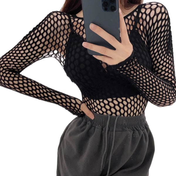 Long Sleeve Perspective Fishnet Top Dam Crewneck Se Through Cover Up Blus