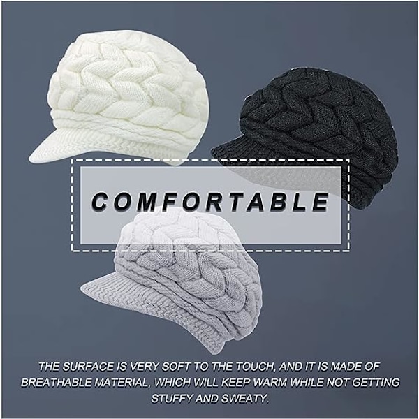 Vinterstrikket lue for kvinner med brem, svart hvit grå, elegant beanie med varm fleecefôr