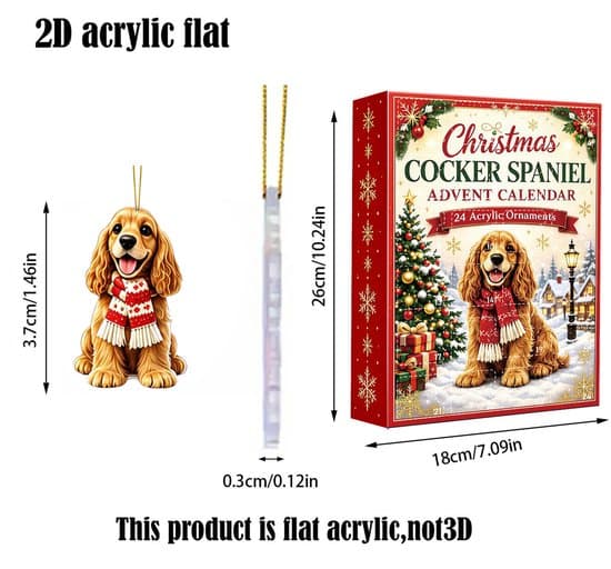 Cocker Spaniel julekalender - Akrylhund-pynt - Hengende juletrepynt - Gaveeske (Blind Box)