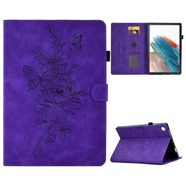 Case med fullständigt skydd för Samsung Galaxy Tab A8 10.5 (2021) X200 / X205 Butterfly Flower Pattern Printed Pu Leather Sticking Line Anti-dropp T Purple