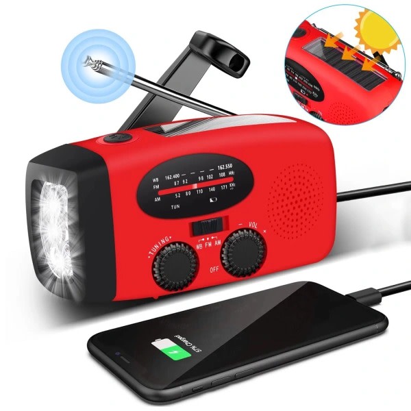 Vevradio med solceller, ficklampa och 2000mAh Powerbank SOS Red