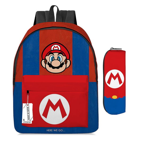 Super Mario Bros 3D-tryckt Ryggsäck Skolväska Laptopväska Pennfodral Set Barnpresenter A