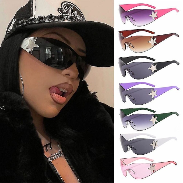 Punk One Piece Solbriller Goggle Ny Y2k Luksus Brand Solbriller Skygger Øjenbryn Uv400 Fem Stjerne Briller Sports Solbriller White  Champagne
