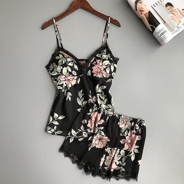 Trykt spaghetti-stropp dame pyjamas sett v-hals sexy med innlegg sommer pyjamas Blå Blue L
