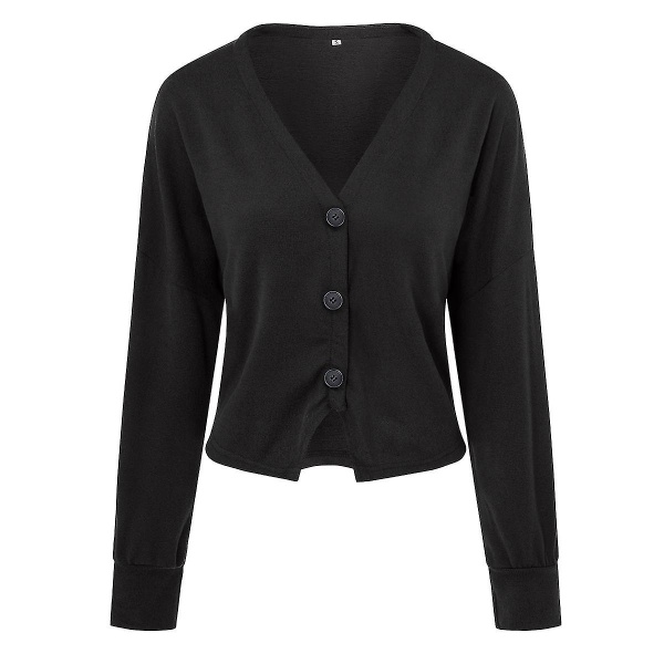 Bomuld Dame V-hals Fashion Design Løs ensfarvet Casual Cardigan 15 farver Black 2XL