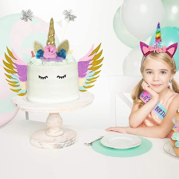 Unicorn Cake Topper Sett regnbuefarge med øyevipper vinger for enhjørning tema