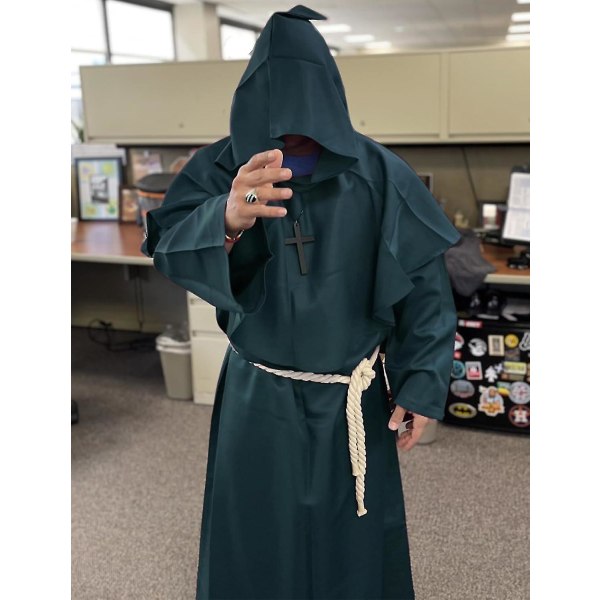 Unisex Voksen Middelalderlig Kåbe Kostume Munk Hætte Kåbe Kappe Friar Præst Troldmand Halloween Tunika Kostume 3stk Green Large