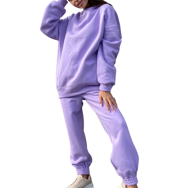 2-delt Hættetrøje Sæt Ensfarvet Pullover Sweatshirt & Sweatpants tyk træningsdragt Purple M