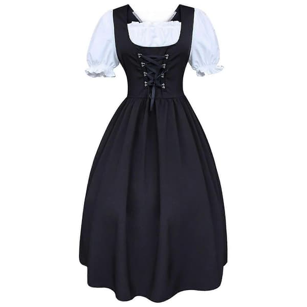 S-5xl Dam Midi Dirndl Klänning 2-delar Med Förkläde Och Blus Svart Vit S