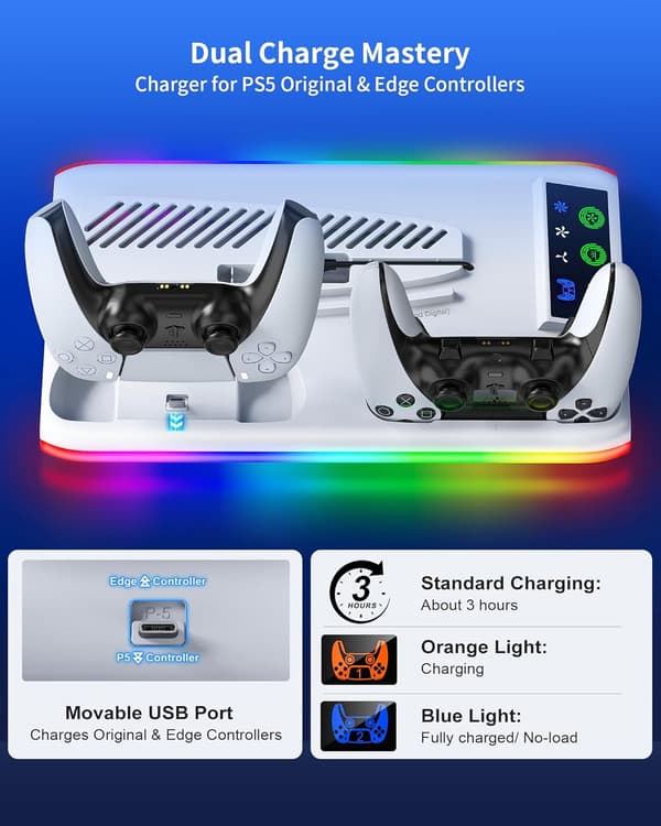 Til PS5/Slim/Pro kølestativ med LED-controller-ladestation, 3-trins køleventilator til PlayStation 5-konsoltilbehør Black