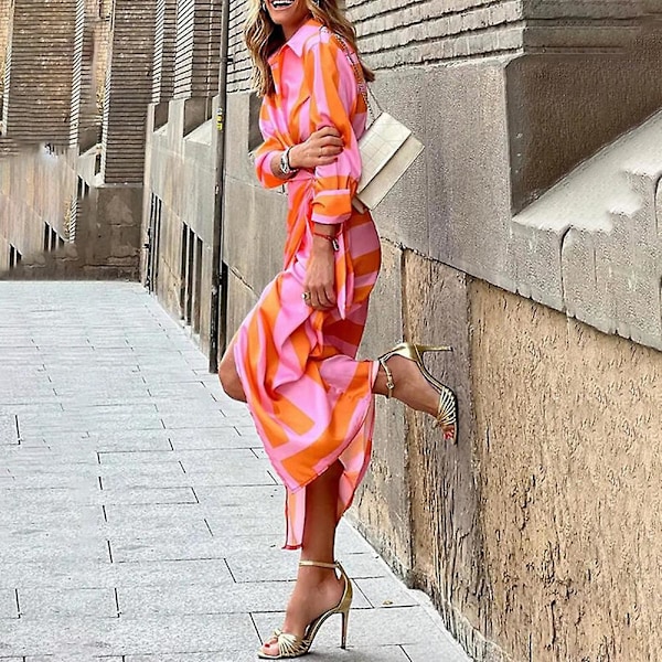 Kvinner Plus Size Lang Ermet Trykt Lapel Tie Skjorte Wrap Midi Kjole (Oransje og Rosa S)