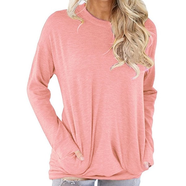 Rundhalsad långärmad lätt tunn hudvänlig tröja för pendling Pink L