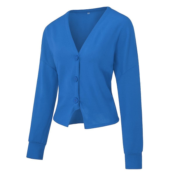 Bomuld Dame V-hals Fashion Design Løs ensfarvet Casual Cardigan 15 farver Blue XL