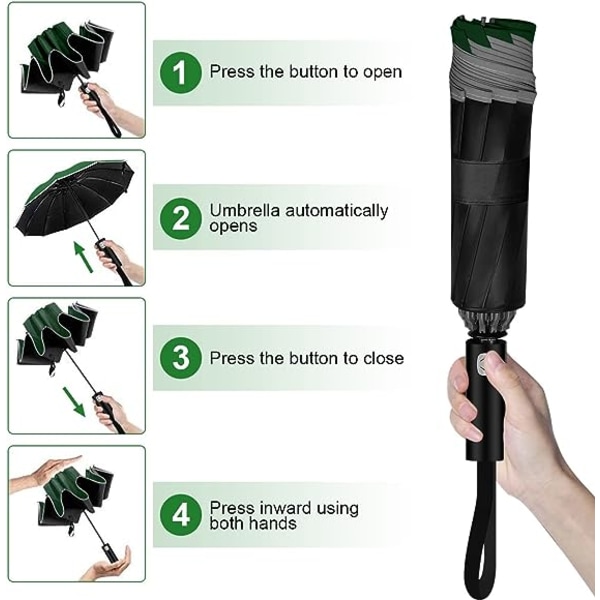 Sammenklappelig paraply, omvendt paraply vindtæt stærk, automatisk åben/luk, anti-UV, kompakt, bærbar rejseparaply med reflekterende striber til regnsol