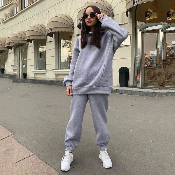 2-delt Hoodie-sæt med ensfarvet pullover-trøje & sweatpants - Tykt tracksuit Light Gray M