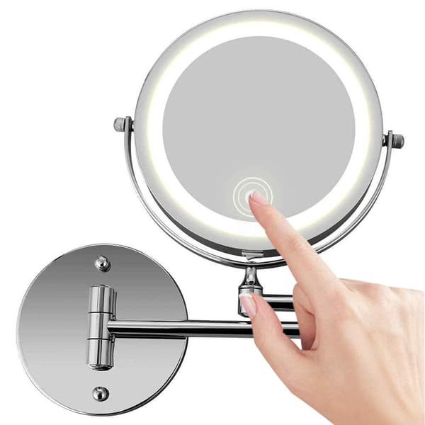 Elegant Chrome Wall-Mounted Makeup Mirror, 10X Magnifying Double-Sided LED-Illuminated Makeup Mirror for Bathroom with 7 Inch Extendable Arm and USB