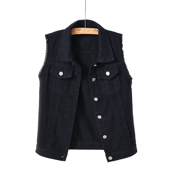 Dame Vår- og Høstfrakk Ensfarget Ermeløs Denimjakke Black s