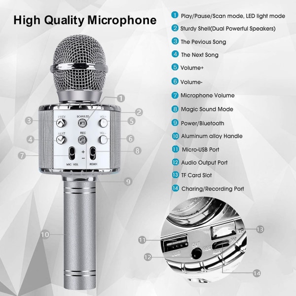Nyt produkt, bluetooth 4 i 1 karaoke trådløs mikrofon med led lys, bærbar mikrofon til børn, piger, drenge og voksne