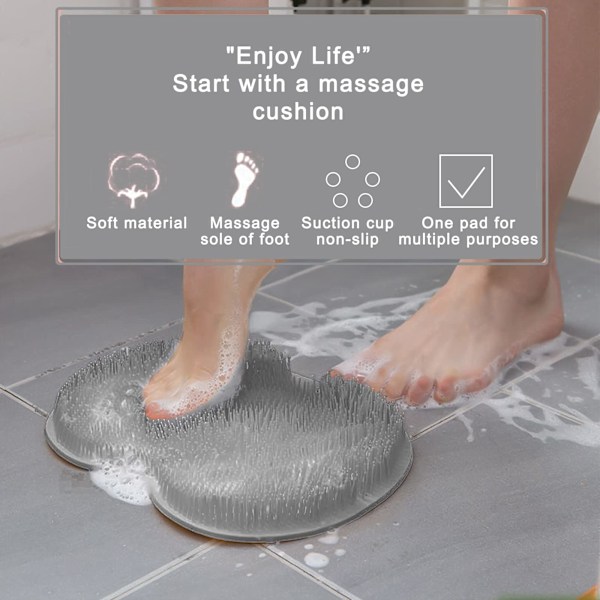 Rygg- och fotborste för dusch, silikon duschborste med sugkopp för rengöring och exfoliering av huden, flytande kropp med långa borststrån (grå) Gray
