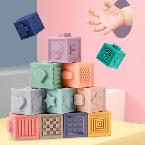 12 st Baby Sensory Leks Byggstenar Silikonblock Grepp Leksak 3D Silikon Bygg