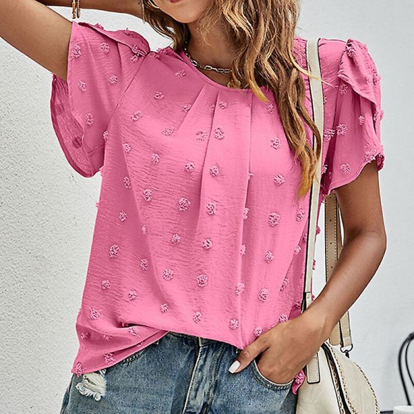 Dam T-shirt Rundhals Chiffon Toppar Polka Dot Tunika Blus Casual Petal-Ärm Tee Rose Red L