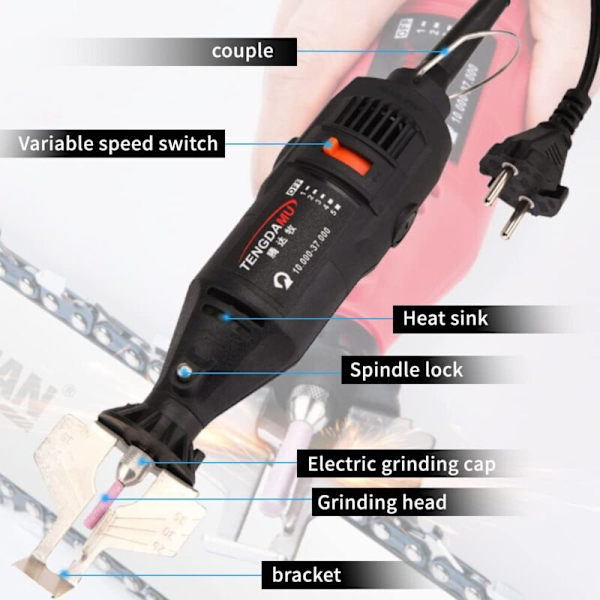 180W Cordless Chainsaw Sharpening Kit Handheld Electric Grinder Sharpening Tool Handheld Chain Sharpener (Black)