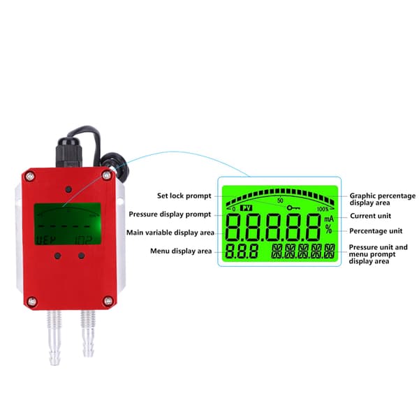 LCD Intelligent Digital Lufttrykssender Sensor DC 24V 4-20mA Plejeventilation 0-20kPa