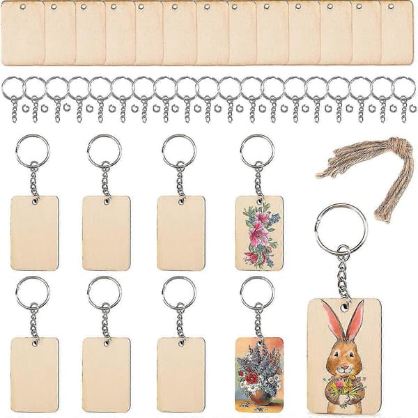 Blank Rectangular Shaped Wooden Keychain Set Of 120 Unfinished Wood Chip Keychains