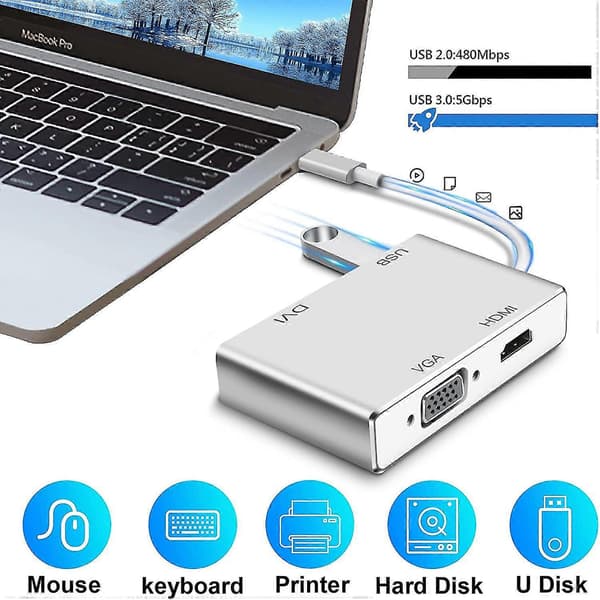 Usb C til Hdmi Dvi Vga Adapter, 4 i 1 Usb-c Hub til 4k Hdmi, Vga, Dvi Video Adapter, Han til Hun Multi-display Video Konverter