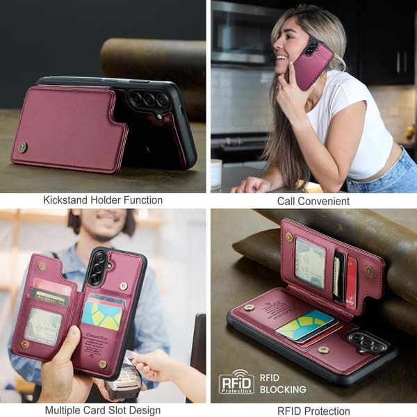 (For Samsung A56 5G) PU Leather Wallet Case with RFID Protection and Stand Function, 5 Card Slots, Double Magnetic Closure svart