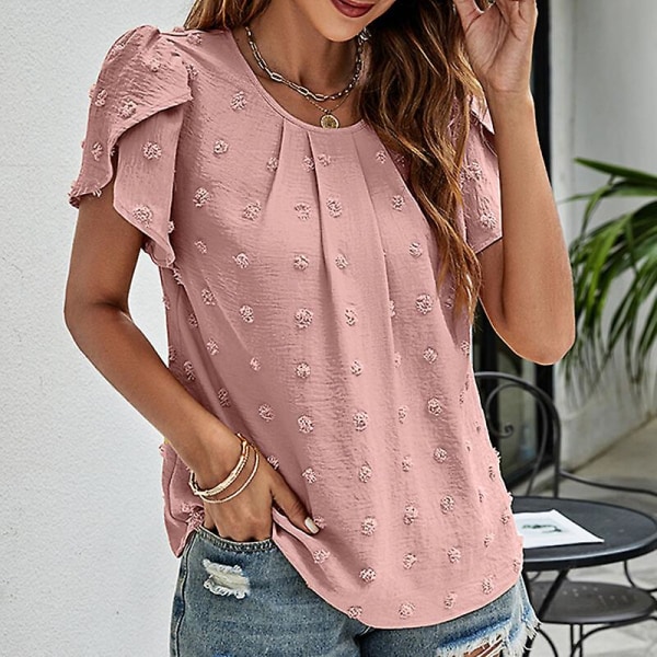 Dame T-skjorte Chiffon topper med rund hals Polka Dots Tunika Bluse Uformell T-skjorte med kronbladermer Dark Pink L